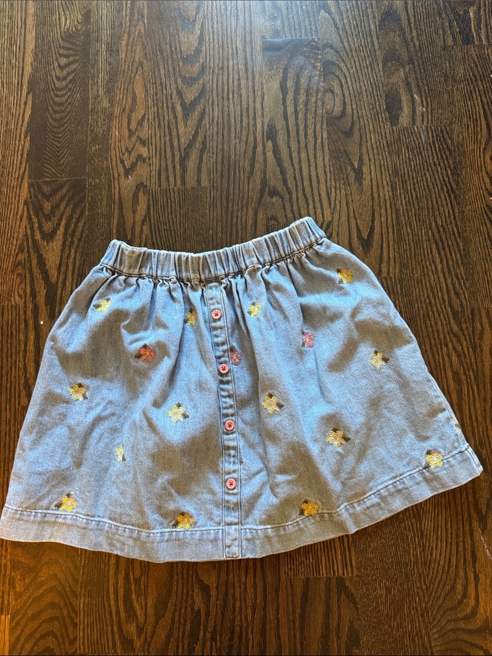 Mini Boden Light Blue Denim Skirt with Pink Buttons and Yellow Flower Embroidery